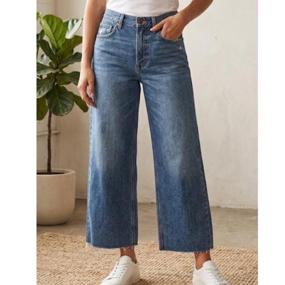 Madewell Low-Slung Baggy Crop Jeans 31 Blue Denim Button Fly Raw Hem Boho Retro